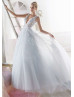 Beaded Light Blue Glittering Tulle Flowers Wedding Dress